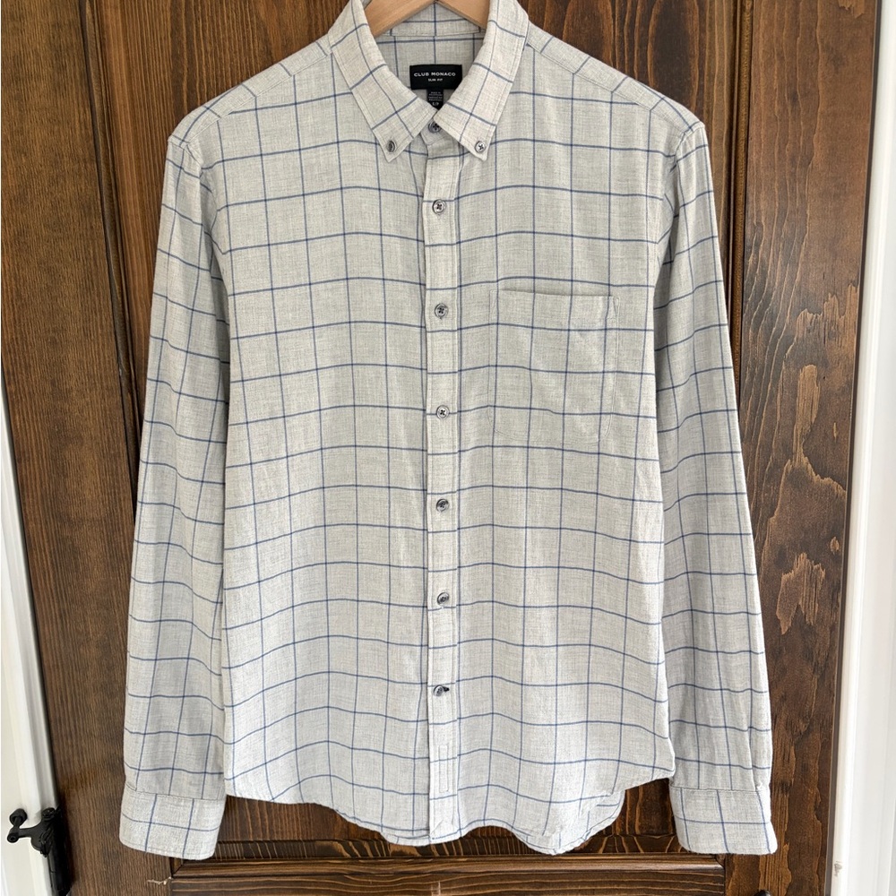 Club Monaco Men’s Light Gray and Blue Windowpane Plaid Flannel Button Down Shirt